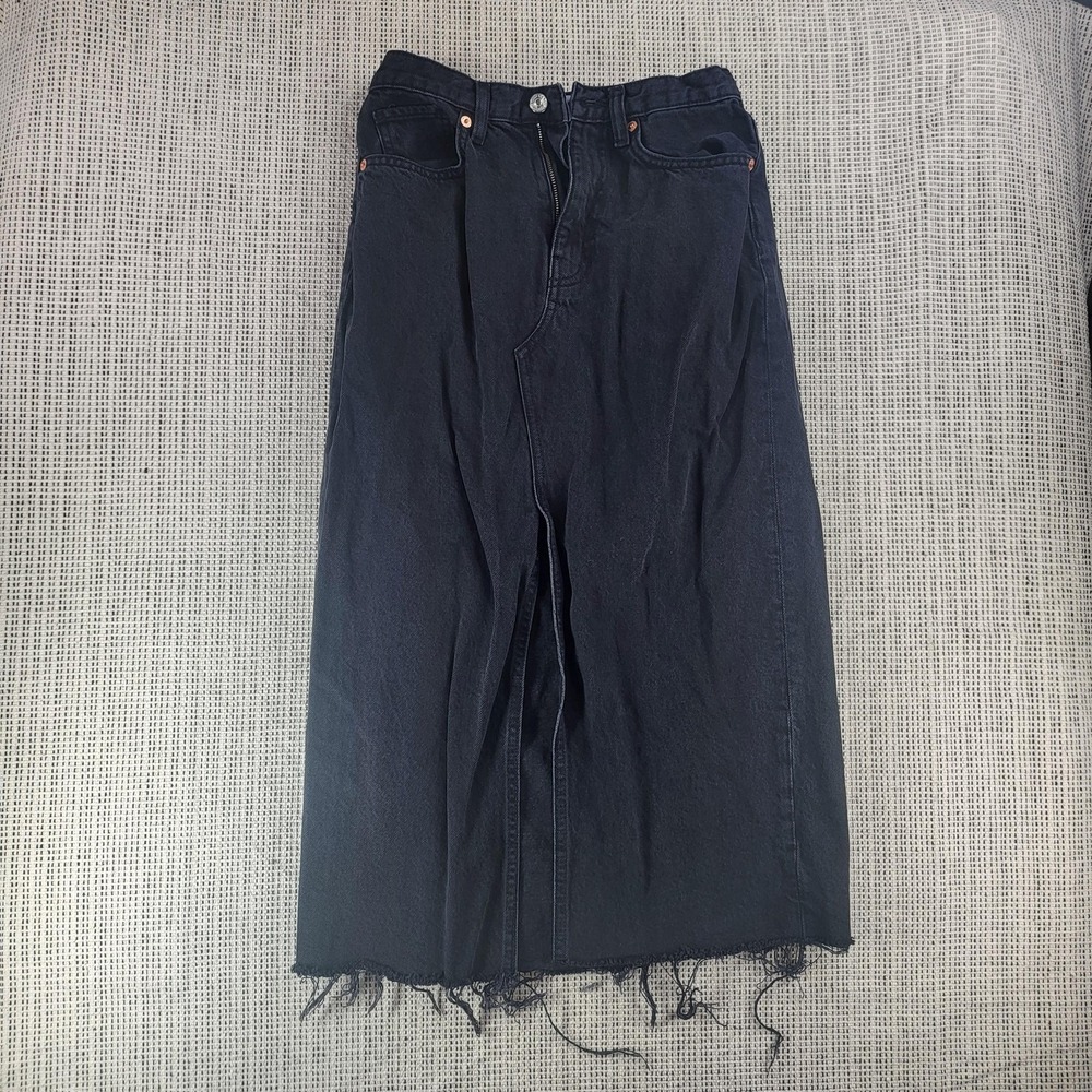 MNG Denim Skirt Womens Small Black Anais‎ Raw Hem High Waist Midi Jean Anais